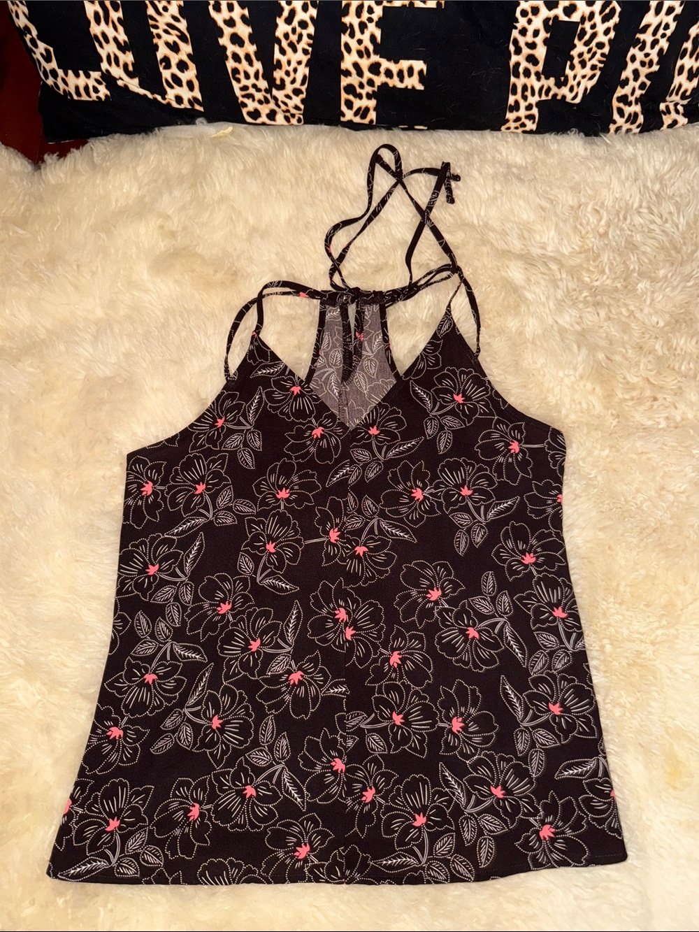 Black Floral Strappy Tank with Pink Accents like new Medium